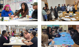 A collage of community engagement events. People gathered doing art