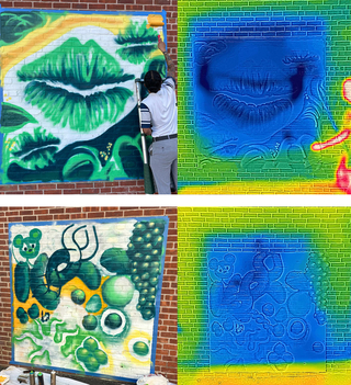 Side by side of two test murals showing their regular artwork and a thermal view of the artwork indicating a cooling effect