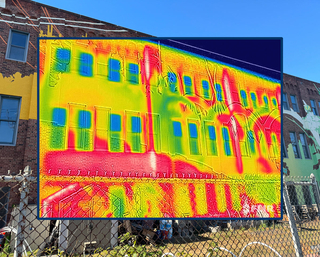 The wall using a thermal- camera showing the surface heat.